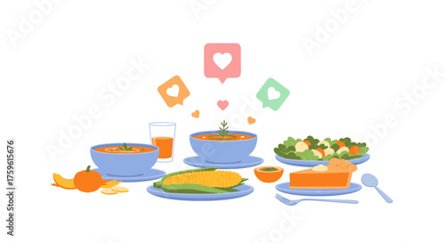 A healthy meal of soup, salad, corn, and pie with social media like icons floating above.