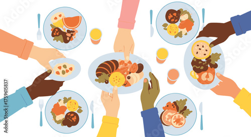 Overhead view of people sharing plates of food at a table.