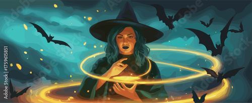 Mystical Halloween witch, glowing magic orb, swirling golden energy, spooky bats, eerie night sky, fantasy sorcery illustration, supernatural seasonal design