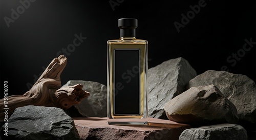 Golden Elixir Bottle on a Rugged Stone Podium with Dramatic, Earthy Tones.