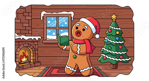 Singing Gingerbread Man Wearing Santa Hat and Scarf.