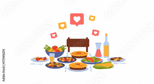 A festive dinner table laden with delicious food and surrounded by social media like icons.