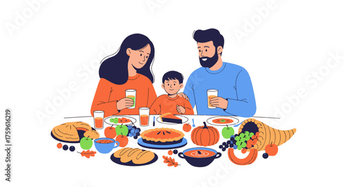 A happy family enjoys a festive Thanksgiving dinner with a table full of traditional holiday foods.