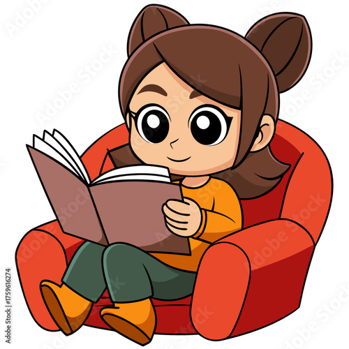Cartoon girl reading a book and sitting on a comfortable sofa