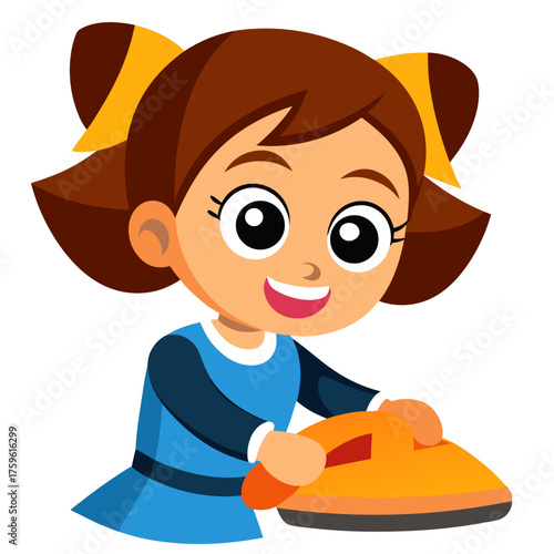 Cartoon girl with brown hair ironing clothes with bright smile