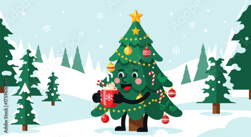 Cheerful Cartoon Christmas Tree Holding Hot Cocoa.