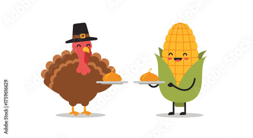 A cute cartoon turkey in a pilgrim hat and a happy corn cob character holding pies for Thanksgiving.