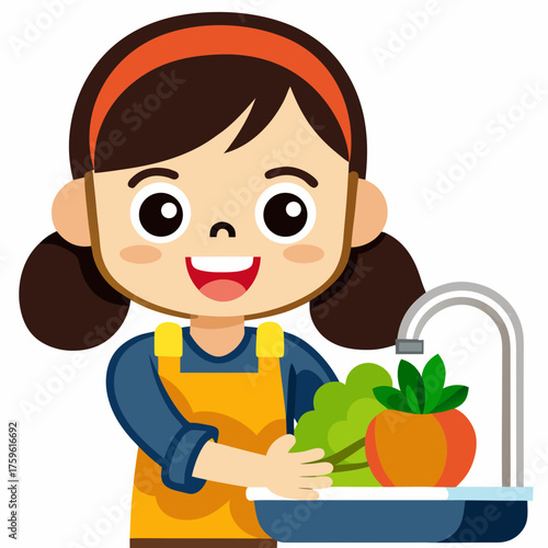 Happy cartoon girl washing vegetables in kitchen sink