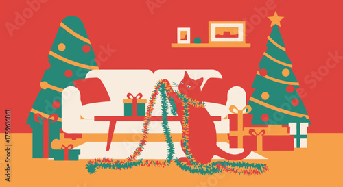 Playful Red Cat Interacting with Christmas Garland.