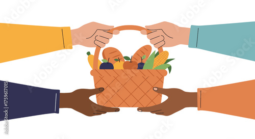 Diverse hands sharing a basket of fresh fruits and vegetables, symbolizing community support and food donation.