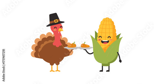 Cute cartoon turkey in pilgrim hat and happy corn cob sharing a tray of pumpkins, celebrating Thanksgiving harvest.