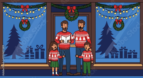 Family Singing Christmas Carols in Festive Window Display.