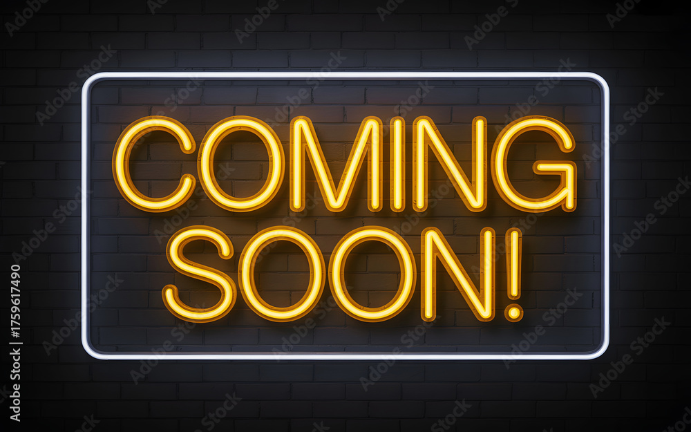 Obraz premium Coming soon neon sign on dark wall background representing announcement, promotion, marketing banner, and advertising message for upcoming product or event