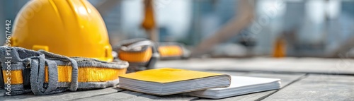 Working at heights permit book on table concept. Construction helmet and notebook on a building site surface.