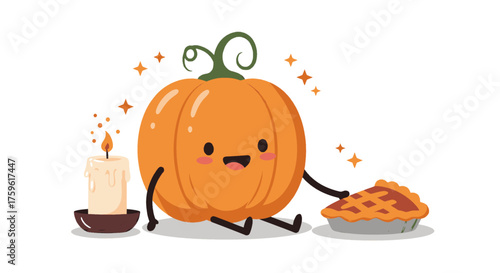 Cute pumpkin character with pie and candle, festive autumn illustration.