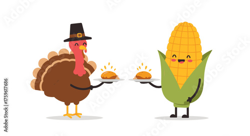 Cute cartoon turkey and corn characters celebrating Thanksgiving with pies on a white background, perfect for holiday themes.