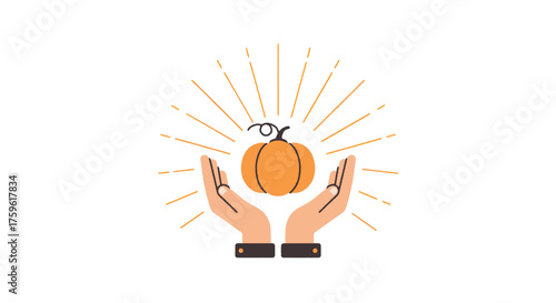Two hands gently holding a glowing pumpkin with radiating lines, symbolizing care and harvest.