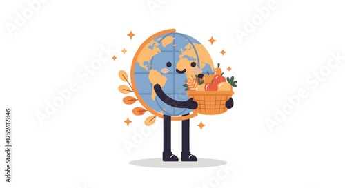 A cute cartoon Earth globe character holding a basket of fresh fruits and vegetables, symbolizing healthy eating and environmental care.