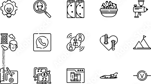 A diverse collection of black and white line icons representing technology, food, business, and creative concepts.