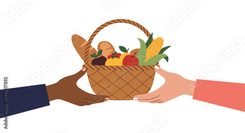 Diverse hands sharing a wicker basket filled with fresh food like bread, fruit, and vegetables.