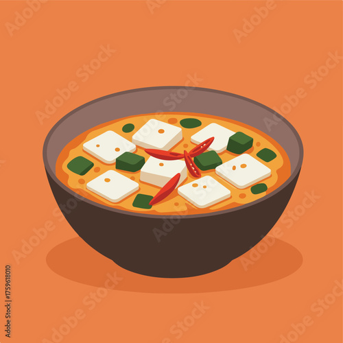 Bowl of spicy korean kimchi soup with tofu and peppers. Great for food blogs, restaurant menus, and asian cuisine marketing.