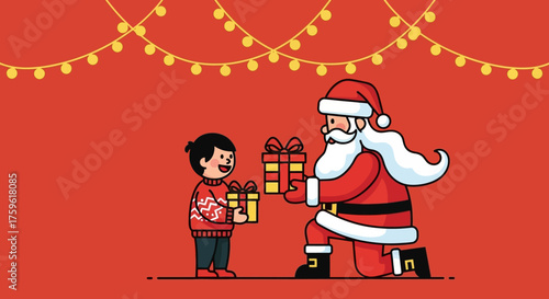 Santa Claus Giving Gifts to a Child.