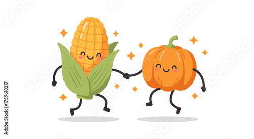 Cartoon corn and pumpkin characters holding hands and dancing with happy faces and sparkles.