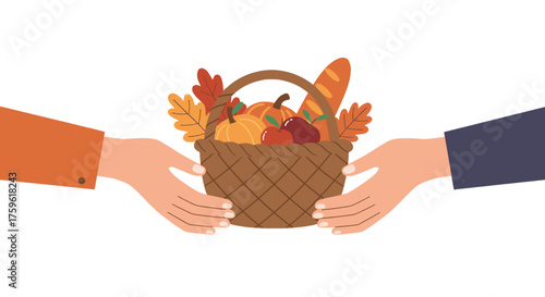 Two people exchanging a wicker basket filled with autumn harvest produce and bread.