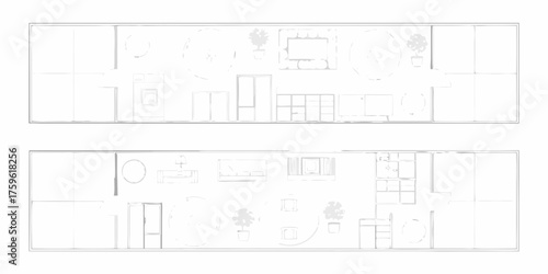 Top down view of a modern minimalist apartment floor plan with furniture and appliances