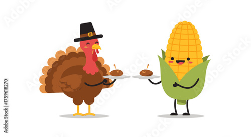 A cartoon turkey wearing a pilgrim hat offers a plate of food to a smiling cartoon ear of corn.