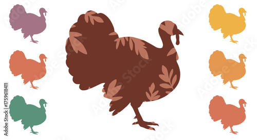 Illustration of turkeys in various colors and patterns, evoking a festive or autumnal theme.