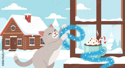 Cheerful Gray Cat Decorating Window with Christmas Garland.