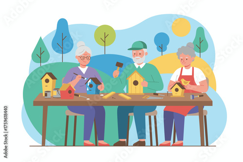 Happy seniors crafting birdhouses outdoors enjoying a creative leisure activity and friendship