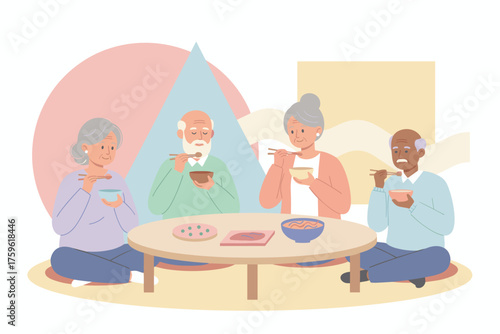 Diverse seniors enjoy a shared meal with chopsticks symbolizing community and healthy aging