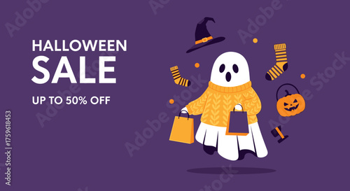 Cartoon ghost with shopping bags promotes a Halloween sale up to 50 off Ideal for spooky season promotions and discounts