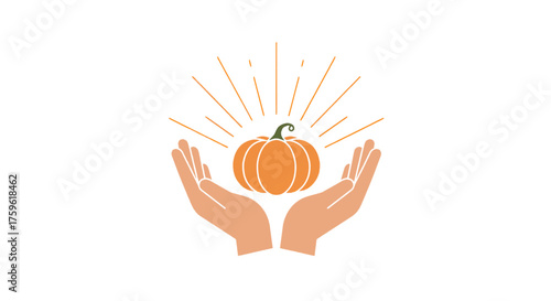 Two cupped hands gently hold a glowing pumpkin with radiating lines above it, symbolizing care and harvest.
