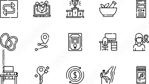 A versatile collection of fifteen black and white line icons for various concepts and industries.