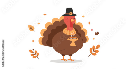 A cute cartoon turkey wearing a pilgrim hat and holding a pie for a Thanksgiving celebration.