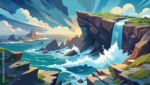 Massive fissure opening near coastal cliffs, sea waves crashing into broken rocks, fog and spray mixing with sunlight, dramatic geological seascape
