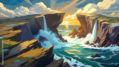 Massive fissure opening near coastal cliffs, sea waves crashing into broken rocks, fog and spray mixing with sunlight, dramatic geological seascape