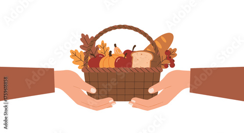 Hands giving a basket of food for donation, charity, or a harvest festival.