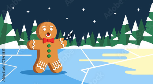 Singing Gingerbread Man with Red Bow Tie and Music Note.