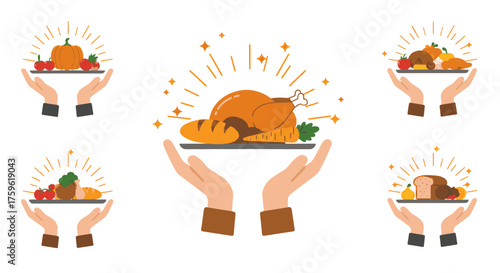 An illustration of multiple hands presenting platters of festive food, featuring a prominent roasted turkey, bread, and various autumn harvest vegetables and fruits.