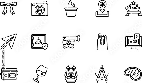 A diverse collection of black and white line art icons representing various objects and concepts.