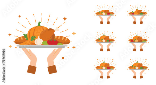 Thanksgiving feast illustration featuring a platter of food held by hands, with variations.