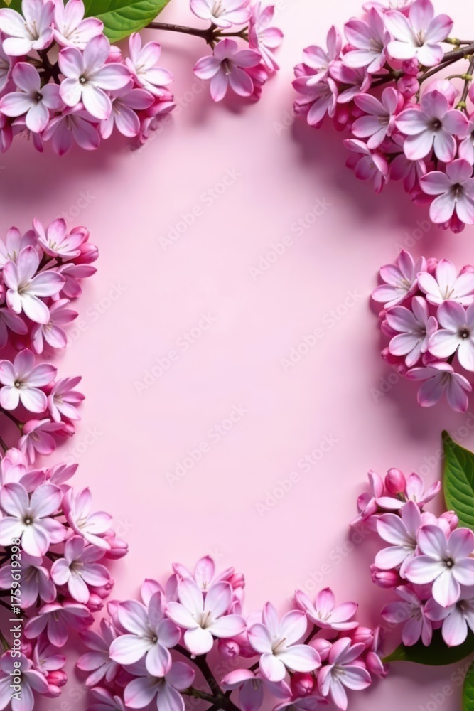 Fototapeta premium Lilac blossoms form a rectangular frame on a pale pink background Perfect for spring themes , color, bloom