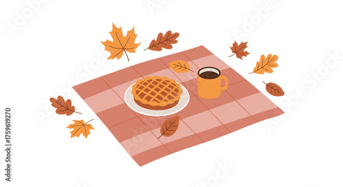 An illustration of a cozy autumn picnic with a waffle, coffee, and falling leaves on a white background.