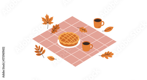 An isometric illustration of a pie on a checkered tablecloth with coffee cups and autumn leaves.