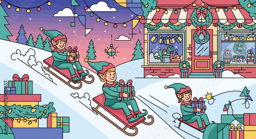 Cartoon Elves Sledding Down Snowy Hill with Gifts.