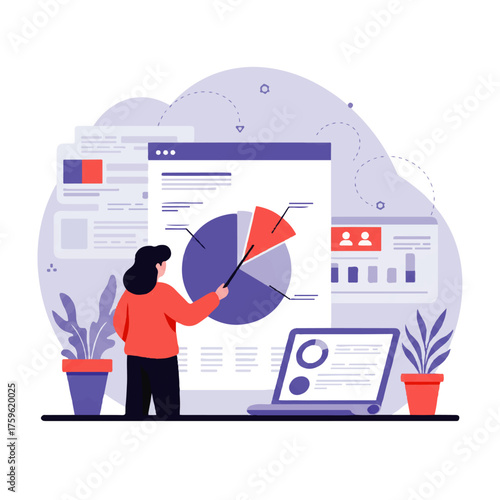 Woman presenting data from a pie chart on a screen, with a laptop and potted plants nearby.